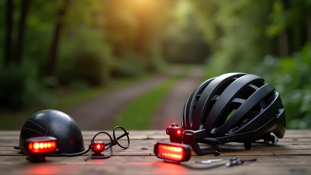 Safety gear laid out including helmet, lights, and reflective equipment for e-bike touring