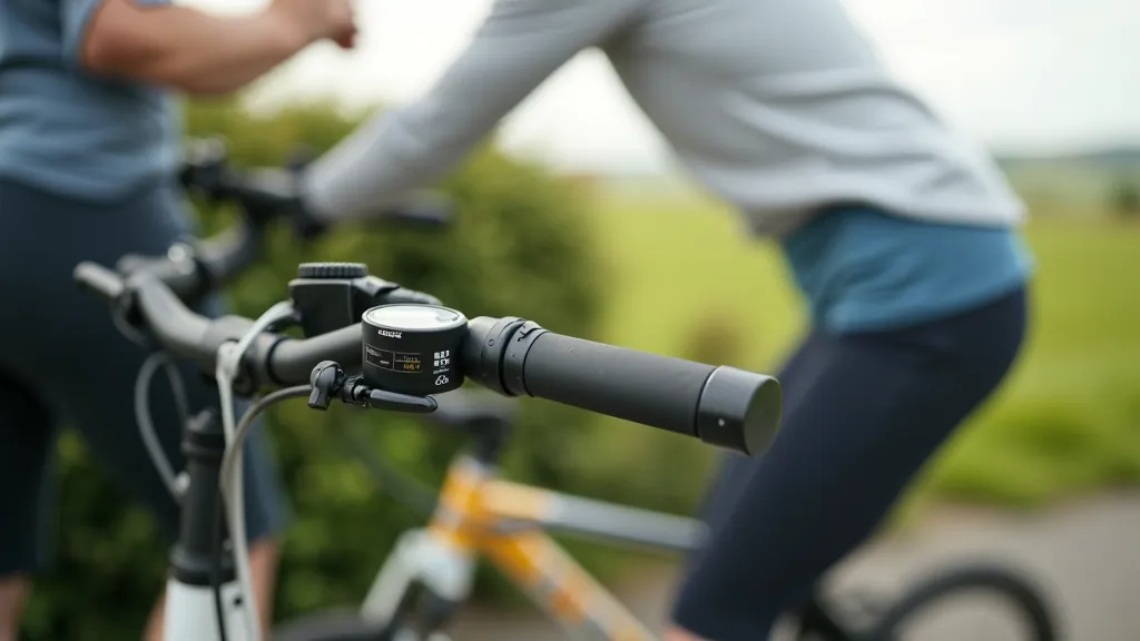 Cyclist checking battery indicator on e-bike display screen during rest stop on scenic Irish greenway route