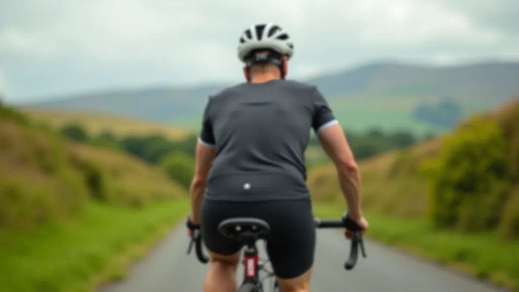 Cyclist in comfort cycling gear wearing padded shorts and breathable jersey on country road with proper posture and form