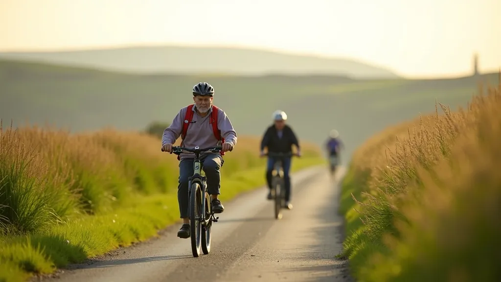 Cyclists riding along peaceful greenway path with coastal cliffs visible in background