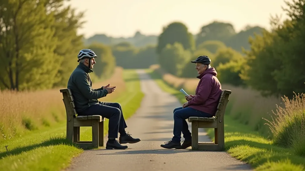 Cyclists on the trail taking a rest break at a designated stop area with benches and information boards