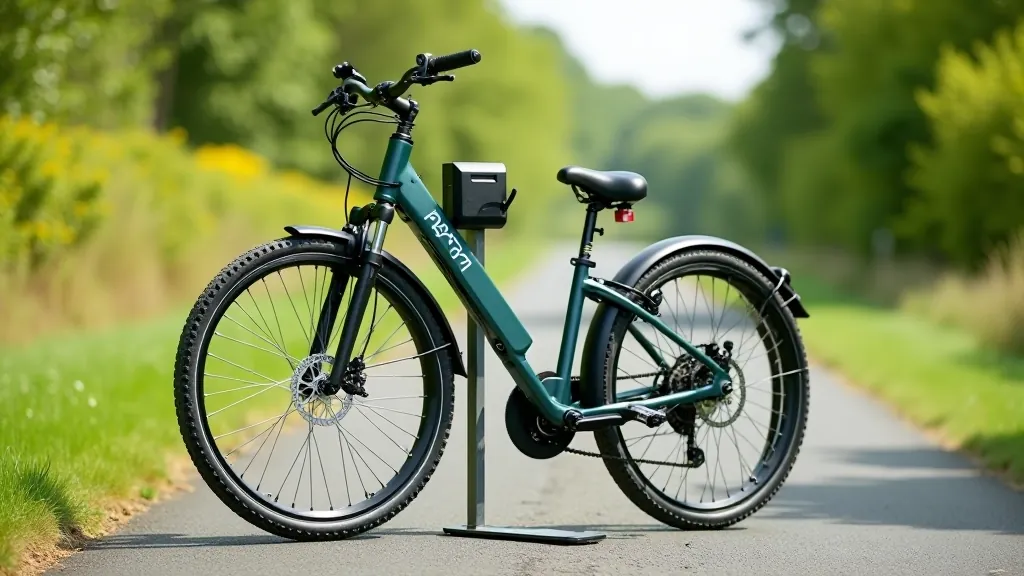 E-bike mounted on stand in outdoor setting with charging visible