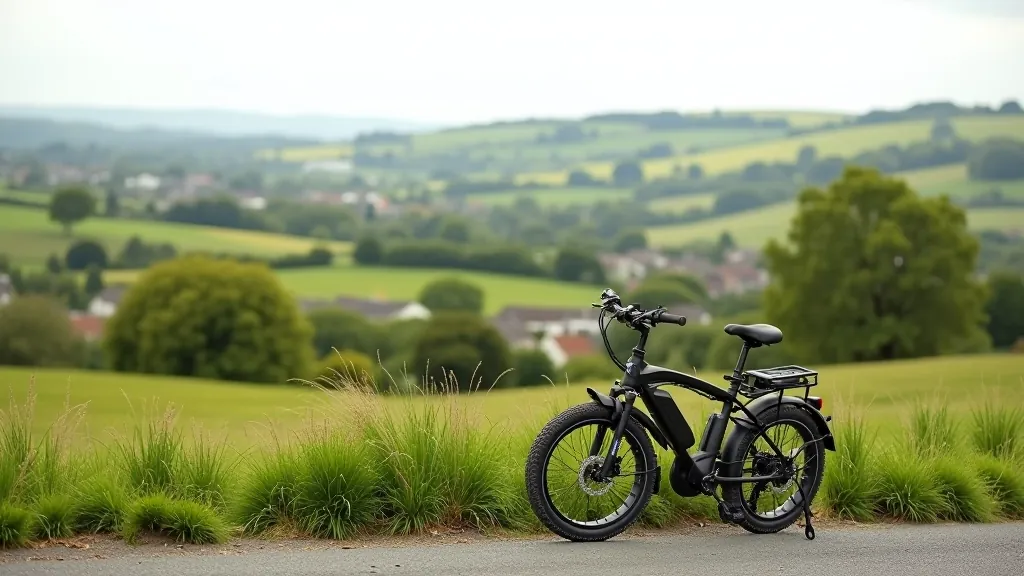 Electric bike leaning against scenic overlook with rolling landscape visible