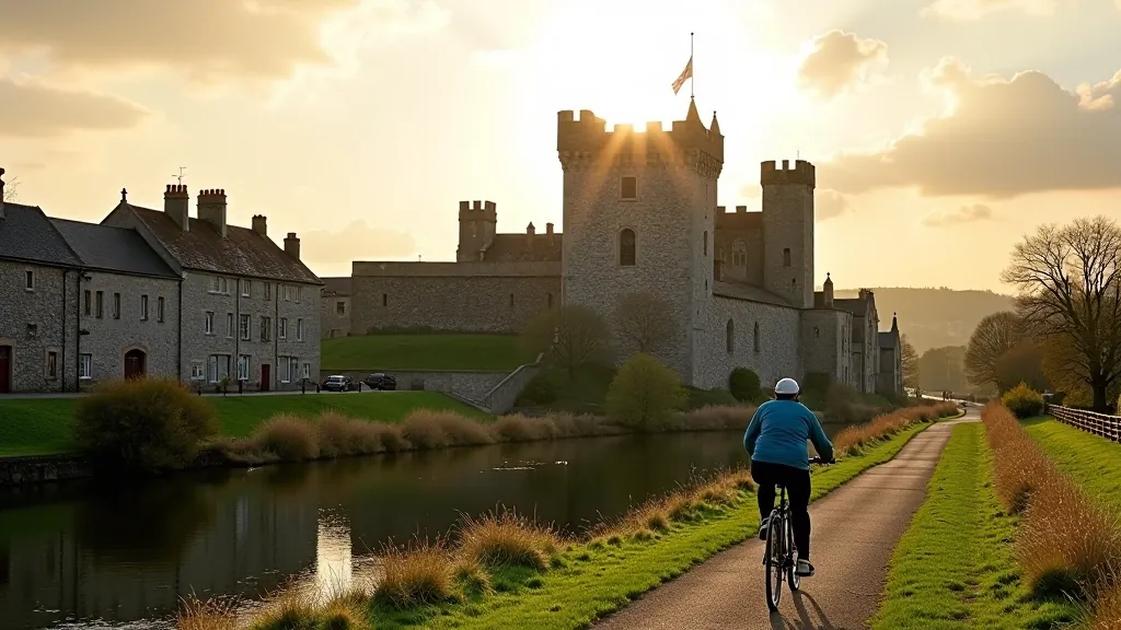 Historic Limerick city streetscape with medieval King John's Castle visible, stone architecture and river views