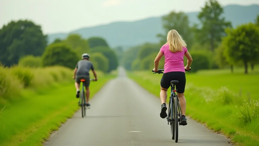 Scenic greenway cycling route through Irish countryside with mature cyclists enjoying the path