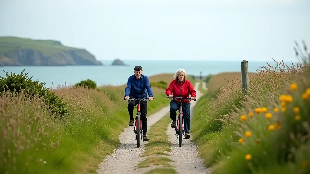 Scenic coastal path along Waterford's Déise Greenway with ocean views and wildflowers